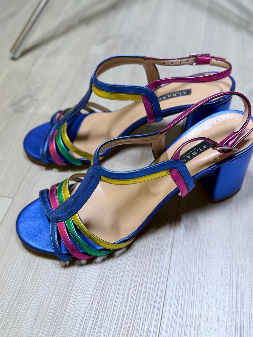 Albano Blue Metallic Multicolor Strappy Block Heels